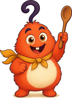 Smearny, a round orange creature with question-mark hair, holding a wooden spoon