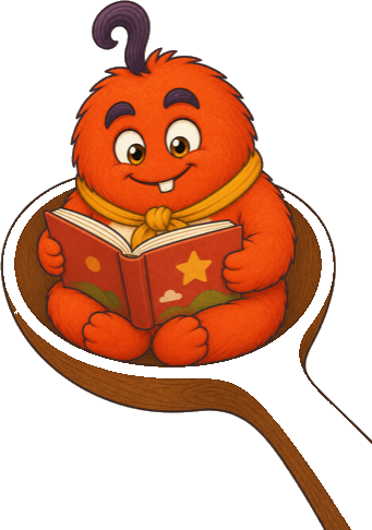 Smearny reading a book inside a giant wooden spoon